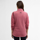 Back view of pink Barbour fleece gilet with stand collar and small logo tab at the upper back.