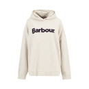 Product-only front view of off-white Barbour logo hoodie with dark blue lettering.