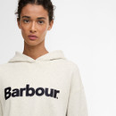 Close-up of off-white hooded sweatshirt showing the Barbour logo in dark blue and the hood detail.