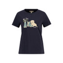 Navy Barbour short-sleeve T-shirt laid flat, featuring illustrated wellies, flowers and dog graphic on the front.
