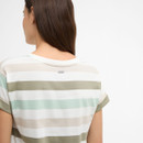 Close-up back neckline detail of the striped T-shirt with a small metal Barbour badge.