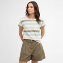 Model wearing a cream short-sleeved T-shirt with wide horizontal stripes in sage green, mint and beige, styled with khaki shorts.