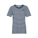 Flat lay of the navy and white striped Barbour T-shirt with shoulder button detail and small chest logo.