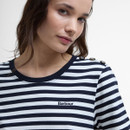 Close-up of navy and white striped Barbour T-shirt, showing the shoulder buttons and small embroidered logo on the chest.