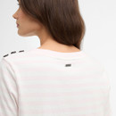 Close-up back neck view of the striped T-shirt with small Barbour badge at the neckline.