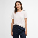 Model wearing a pale pink and white striped Barbour T-shirt with short sleeves and button detail on the shoulder.