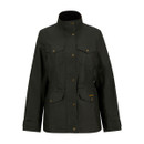 Product-only front view of dark olive lightweight waxed jacket with stand collar, press-stud fastening and four flap pockets.