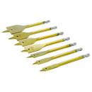 Seven flat spade drill bits arranged in ascending order. The bits are gold-coloured with silver tips, each marked with different size measurements.