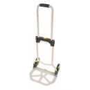 Folding hand truck with a lightweight metal frame and black handle. It features two yellow-rimmed wheels and a compact, grid-patterned base.