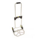 A foldable hand truck with a silver frame, black handle, and two wheels. The compact design is lightweight, with a textured, open-work base for stability.