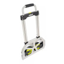 A foldable hand truck with a metal frame and black handle. It has two wheels, featuring a compact design suitable for easy transport and storage.