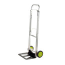 Silver folding hand truck with lime green wheels, black loading platform, and a curved handle. The design is sleek and utilitarian.