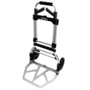 A foldable hand truck with a silver metal frame and black handle grips, featuring two black wheels and a perforated platform for carrying items.