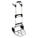 Folding hand truck with black handles, silver frame, two wheels, and a gray platform. It appears sturdy and suitable for moving heavy loads.