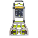 Heavy-duty folding trolley with a silver frame and bright green wheels and handle. It displays a packaging label showing product features.