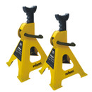 Two bright yellow jack stands with black details, labelled "3T" for three-ton capacity. They have sturdy triangular bases and adjustable support arms.