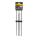 A set of three long, silver, spiral-patterned drill bits with pointed tips, mounted on a black holder, and packaged with a yellow branded label.