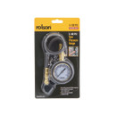 Packaging of a Rolson tire pressure gauge with 5-100 PSI range. Includes a gauge with a dial, connector, and hose. Black and yellow branded design.