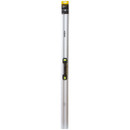 A long metal ruler with a built-in black handle and two yellow-green level vials. The packaging is black and yellow, giving a professional appearance.