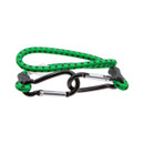 Green bungee cord with black hooks on each end, coiled neatly. The cord has black stripes, conveying a sense of utility and practicality.