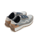 Outer side profile of grey and denim blue trainer with contrast heel panel.