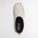 Top-down view of cream Barbour Chelsea wellington boot showing smooth rounded toe and branded insole.