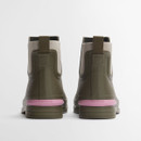 Rear view of olive green Barbour Chelsea boots with elastic side panels, pull tabs and pink Barbour heel branding.