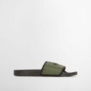 Side profile of olive green Barbour slider sandals with flat black sole and minimal slip-on design.