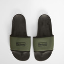 Top-down view of olive green Barbour slider sandals with embossed logo on the strap and softly textured black footbed.