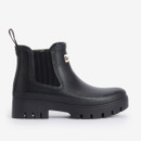 Side profile of a black Barbour Chelsea wellington boot showing elasticated side panel, raised sole and durable rubber construction.