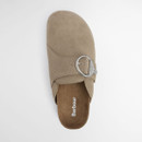 Top-down view of a taupe suede clog sandal showing the adjustable buckle strap and contoured insole.