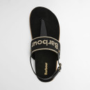 Top-down view of black Barbour sandals showing branded strap, toe post and padded footbed.