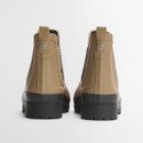 Rear view of tan Barbour Chelsea boots showing heel structure, pull tabs and robust outsole.