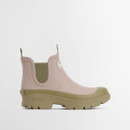 Single Barbour ankle wellington boot in blush pink displayed in full side profile with thick khaki sole and elastic side panel.