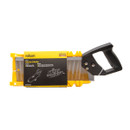 Yellow and black tenon saw with a plastic handle attached to a matching yellow mitre box. Packaging displays product details and diagram.