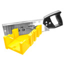 A hand saw with a black handle and a silver blade is placed next to a bright yellow plastic mitre box, used for precise angled cuts.