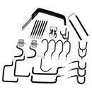 A variety of black metal hooks and brackets on a white background, arranged in neat rows. Each has a distinct shape for different hanging purposes.