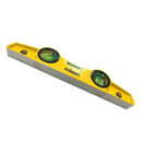 Yellow spirit level with three green liquid bubble vials on a sleek metal body, angled diagonally. The brand name is visible, conveying precision and utility.