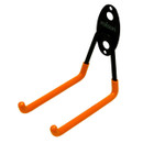 Two-pronged orange and black metal hook with mounting plate, designed for wall storage. The hook has a smooth finish for utility and durability.