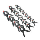 A set of 16 black plastic spring clamps with red tips, arranged diagonally in rows. The clamps vary in size, creating a sense of order and precision.