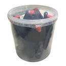 Clear plastic bucket with a sealed lid, containing black straws with red tips. The bucket appears full, displaying a sleek, utilitarian design.