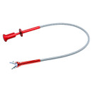 Red flexible grabber tool with a silver spring-like extension, featuring a four-prong claw at one end and a red plunger handle at the other.