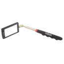 Telescopic inspection mirror with a rectangular frame, LED lights, and black grip handle. Ideal for vehicle maintenance or precision work.