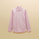 Flat lay of a women’s pink long-sleeve button-down shirt with green and white vertical stripes, displayed against a beige background.