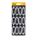 Packaging of 12 silver snap hooks by Rolson, arranged in four rows on a black card with a yellow header. The hooks are metallic and shiny.