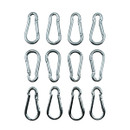 A set of 12 silver carabiners arranged in three rows on a white background. The shiny metal loops have spring-loaded gates, indicating functionality.
