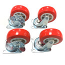 Four bright red swivel caster wheels with metal brackets, aligned in a square formation on a white background, conveying a sense of uniformity and order.