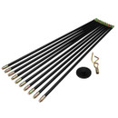 Ten black metal rods with threaded ends are arranged diagonally. Nearby are a round black disc and a brass hook tool, all on a white background.