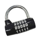 A black combination padlock with five rotating number wheels set to "00000." The metal shackle is curved and shiny, indicating security and sturdiness.