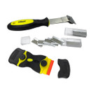 Set of scraper tools with a yellow and black handle, several metal blades, and protective cases. Functional and clean design, suggesting utility and efficiency.